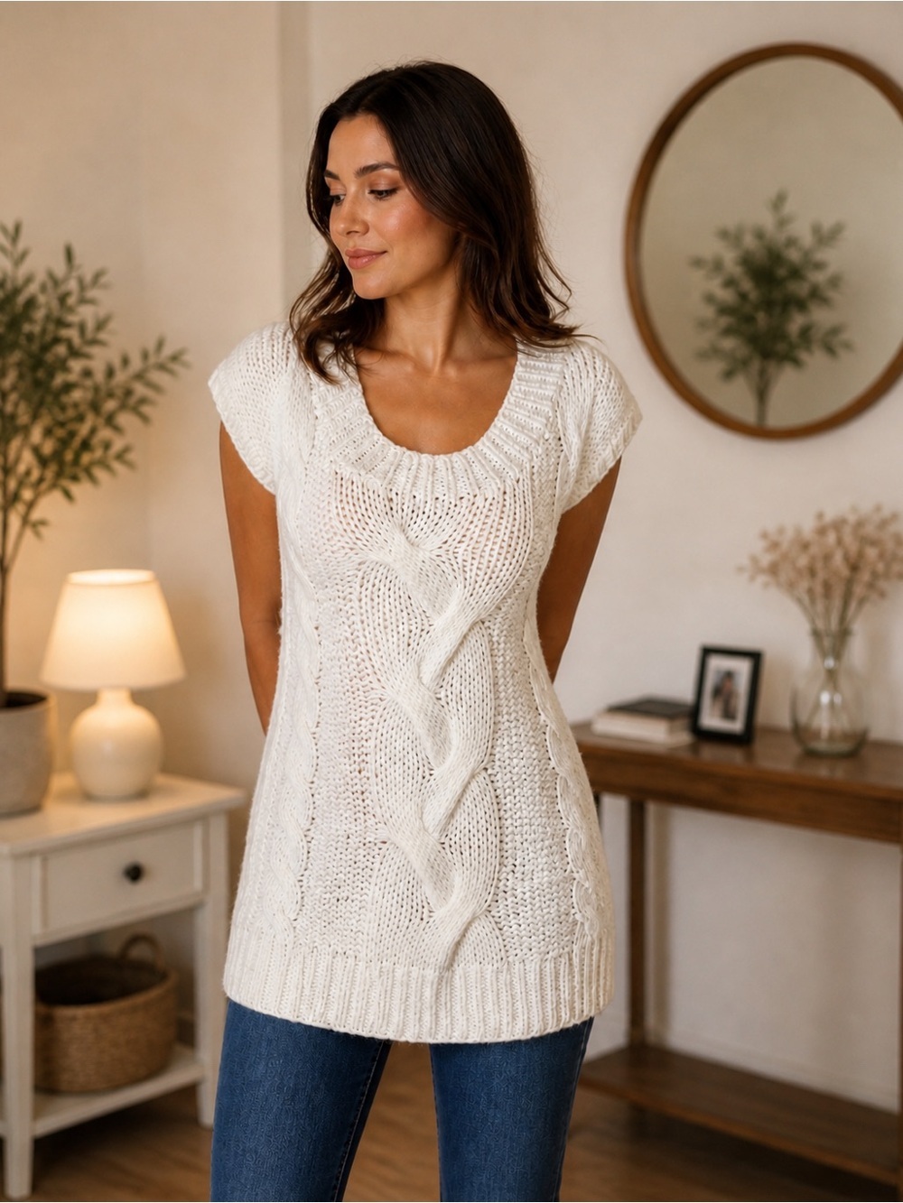 XXI Cream Cable Knit Sleeveless Sweater Tunic Size Small